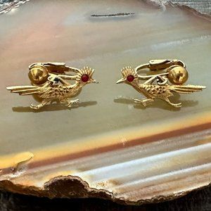 Rare Vintage Signed J Ritter Gold Tone Roadrunner Earrings with Red Bead Eyes